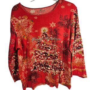 Jane Ashley Red Happy Holidays Embellished Christmas Top Women's L